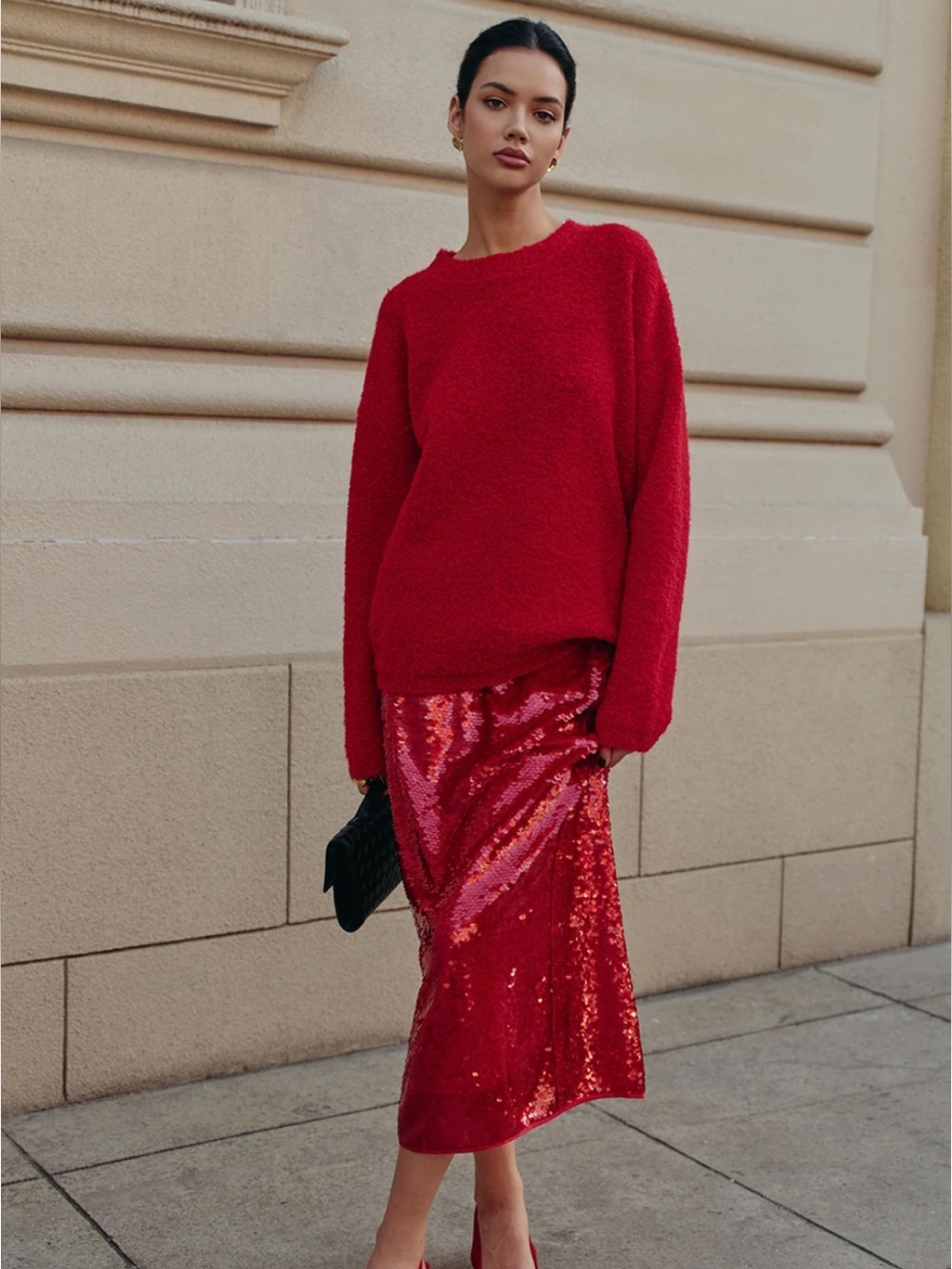 NWT Commense Elegant Plain Red Sequin Midi Skirt - Women